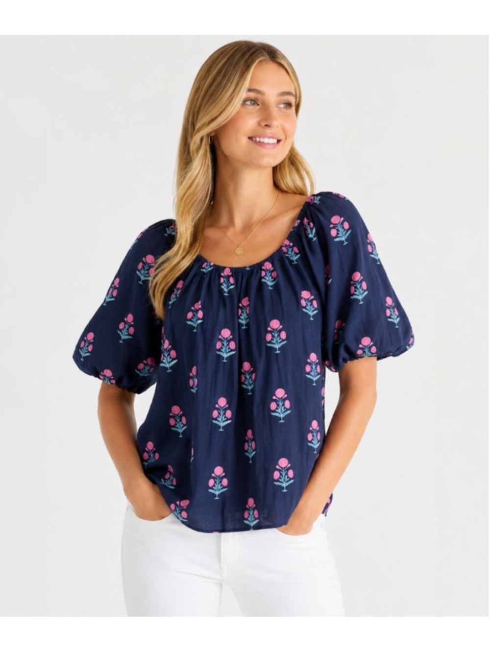 Johnnie-O Small Navy Floral Peasant Blouse Puff Sleeve NWT MSRP $138